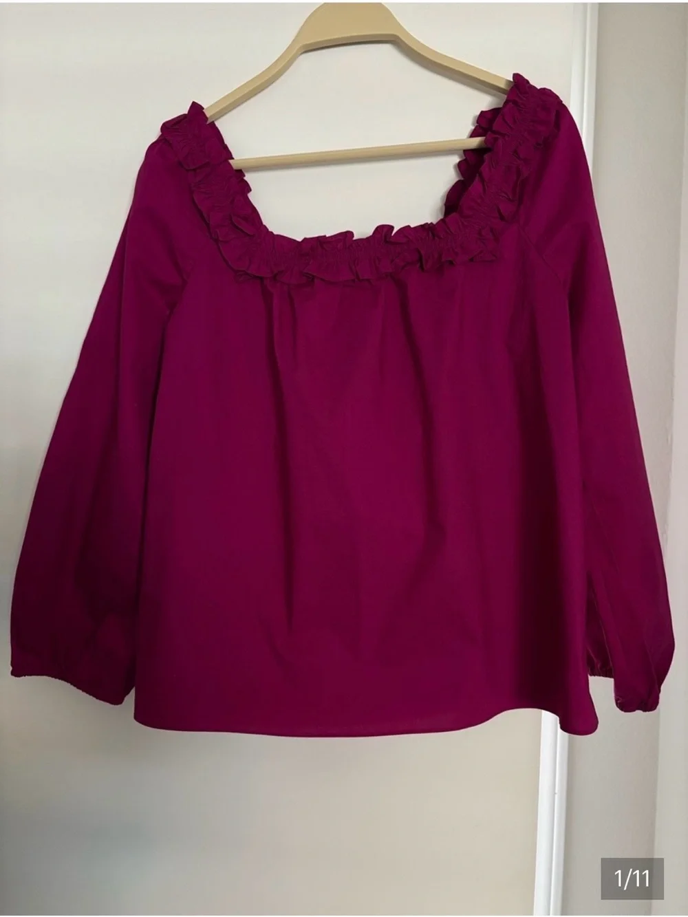 J. Crew Cotton  Ruffled Square-Neck Blouse in Magenta Pink
